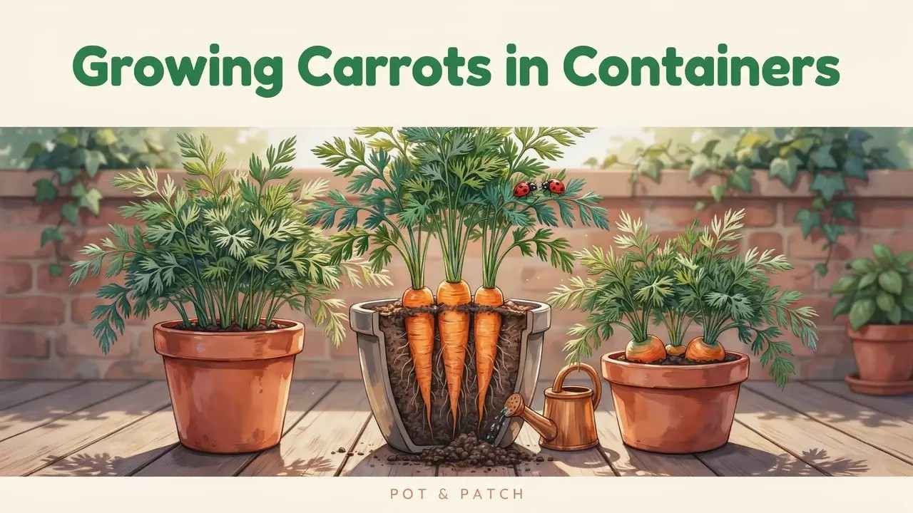 Healthy carrots growing in deep containers with roots visible in loose potting mix