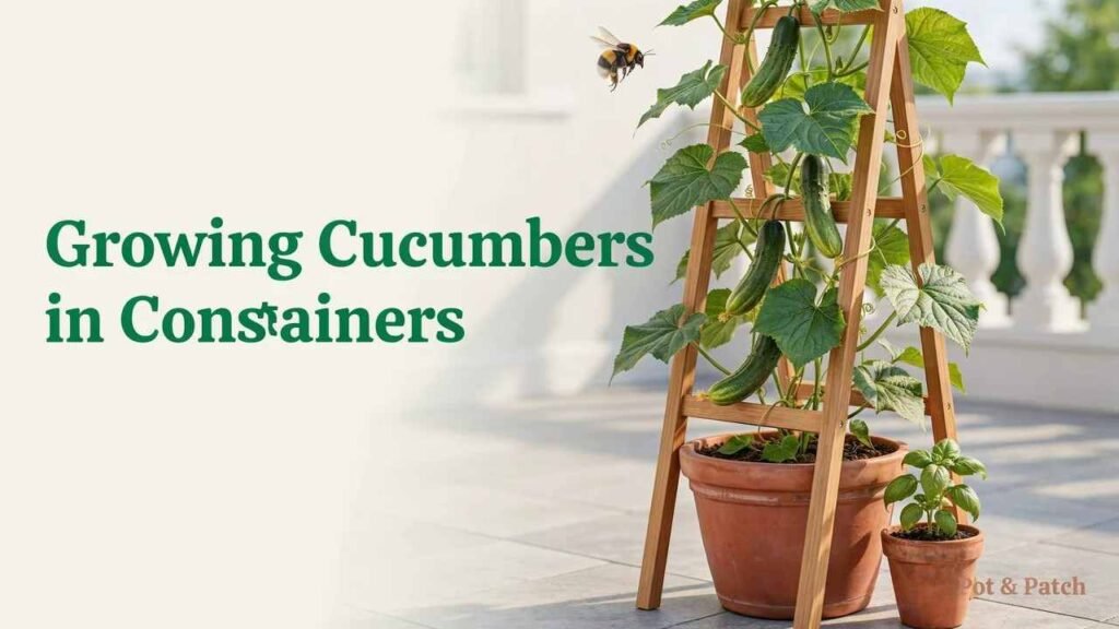 Growing Cucumbers in Containers: Complete Beginner Guide 8 Healthy cucumber plant growing in a large container and climbing a trellis on a sunny patio