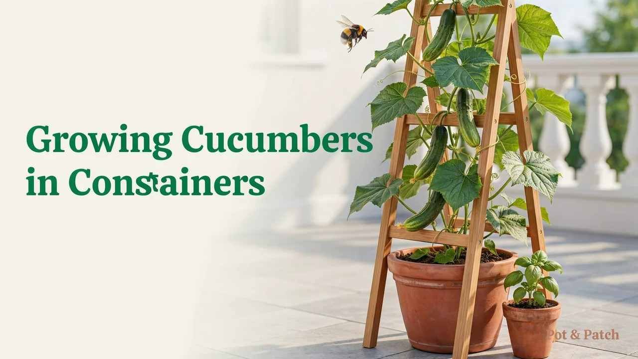 Growing Cucumbers in Containers: Complete Beginner Guide 2 Healthy cucumber plant growing in a large container and climbing a trellis on a sunny patio