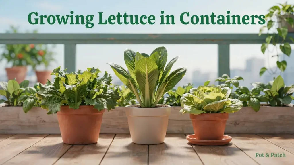 Growing Lettuce in Containers: Complete Guide for Beginners 7 Healthy loose-leaf, romaine, and butterhead lettuce growing in wide containers on a patio