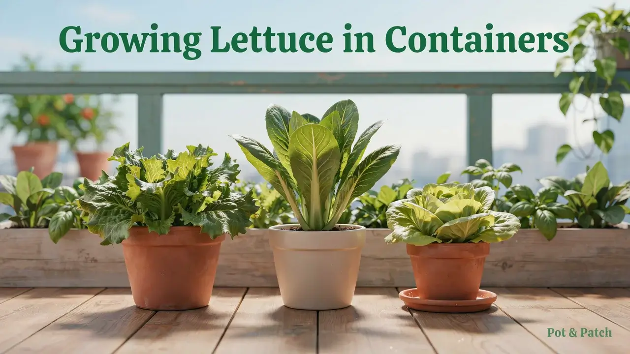 Growing Lettuce in Containers: Complete Guide for Beginners 1 Healthy loose-leaf, romaine, and butterhead lettuce growing in wide containers on a patio