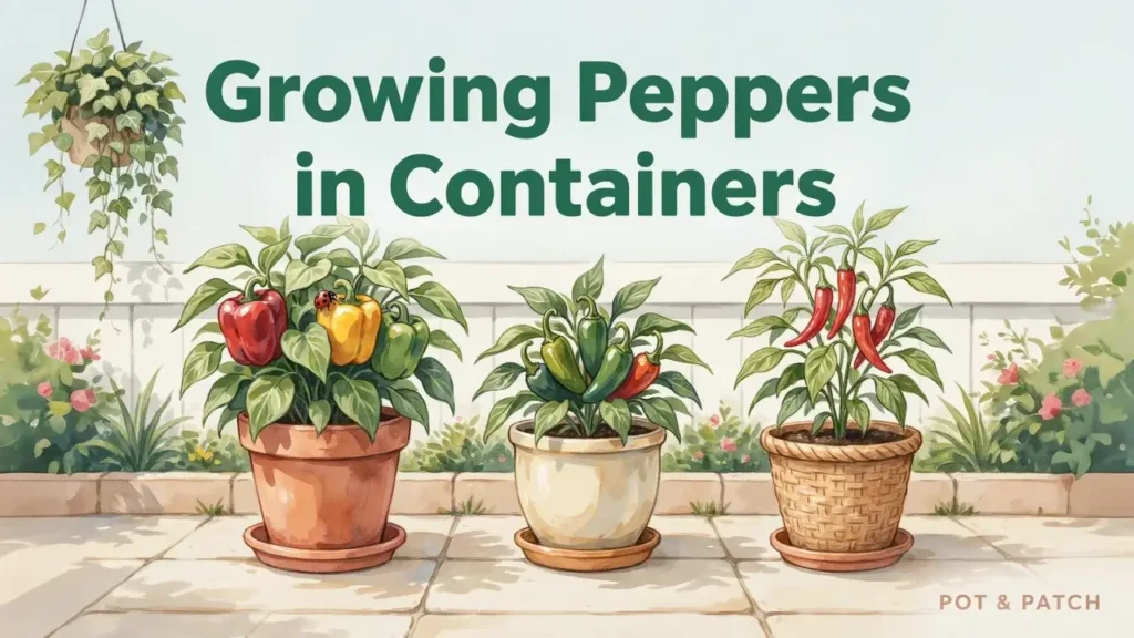 Growing Peppers in Containers: Complete Beginner Guide 9 Healthy bell peppers, jalapeños, and chili peppers growing in containers on a sunny patio