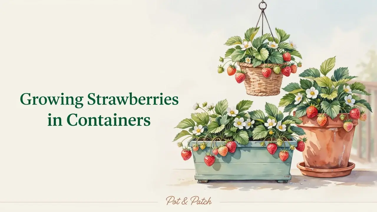 Growing Strawberries in Containers: Easy Beginner Guide 1 Healthy strawberry plants with ripe red berries growing in patio containers and a hanging basket.