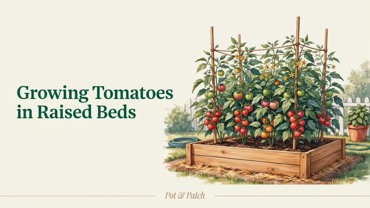 Growing Tomatoes in Raised Beds: Planting and Care Guide 1 Healthy tomato plants with ripe red tomatoes growing in a wooden raised garden bed with trellis supports.