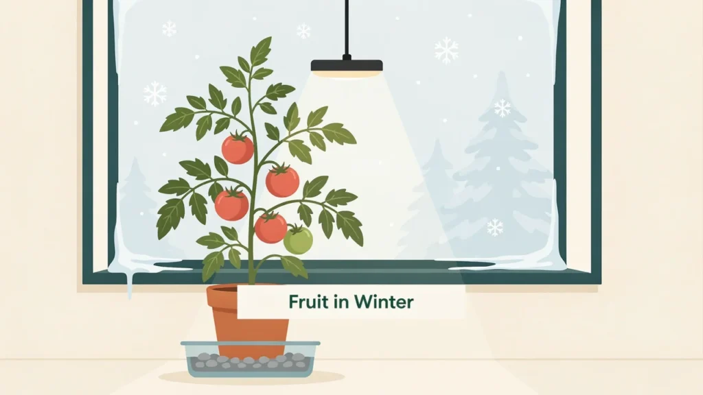 Indoor tomato plant fruiting by a frosted window in winter under a grow light