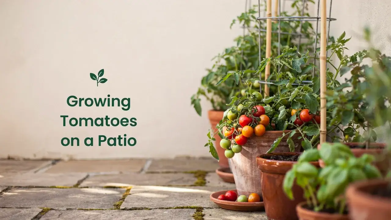 How to Grow Patio Tomatoes: Heat, Water & Varieties 1 Tomato plants in containers on a sunny paved patio with ripe cherry tomatoes