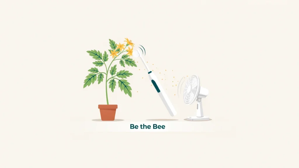Small electric toothbrush and fan beside a flowering tomato plant indoors