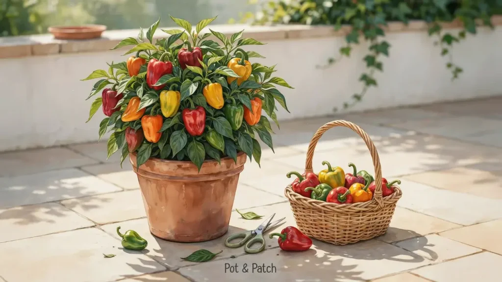 Growing Peppers in Containers: Complete Beginner Guide 8 Colorful ripe peppers ready to harvest from a healthy container-grown pepper plant