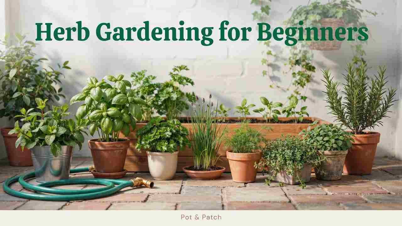 Beginner herb garden with basil, parsley, chives, thyme, rosemary, mint, cilantro, and other culinary herbs