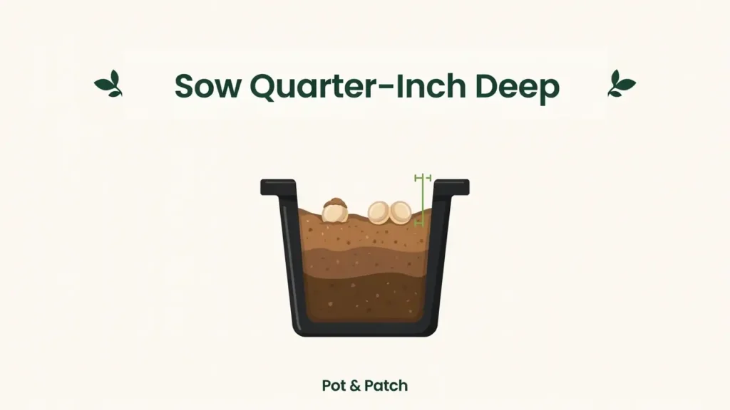 How to Grow Tomatoes from Seeds (Timing & Care Tips) 4 Tomato seeds being sown a quarter inch deep into moist cells of seed tray