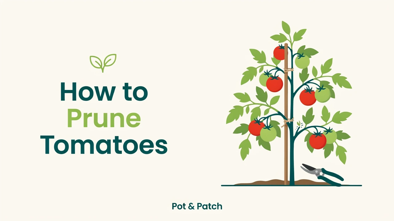 Tomato plant being pruned, with a sucker removed between the stem and a branch
