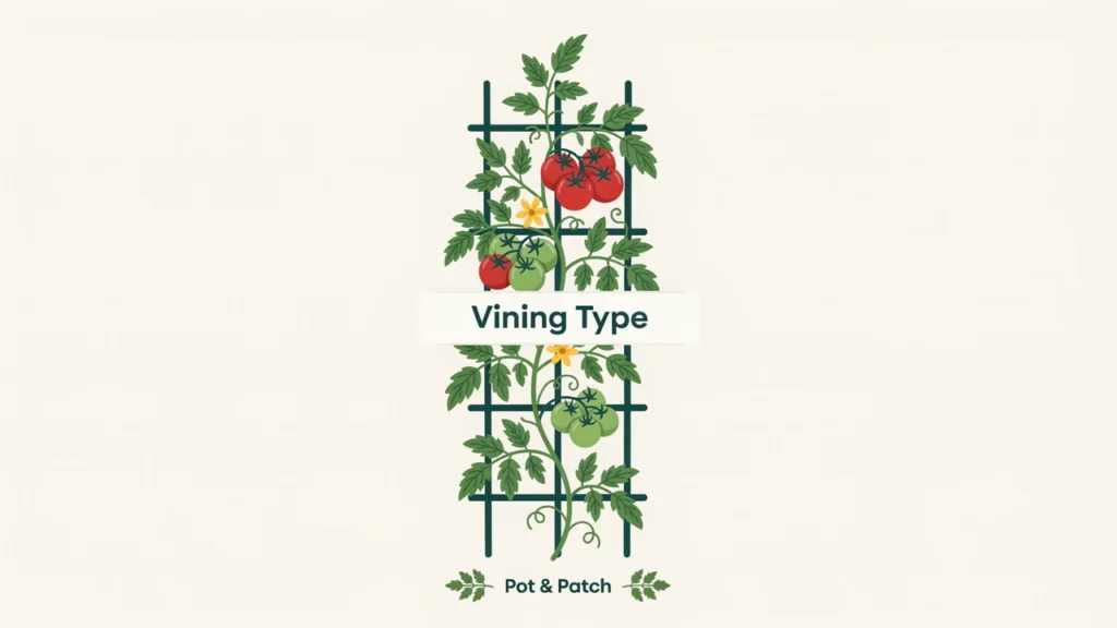Determinate vs Indeterminate Tomatoes: What's the Difference? 3 Tall vining indeterminate tomato plant climbing a trellis with fruit at different ripeness