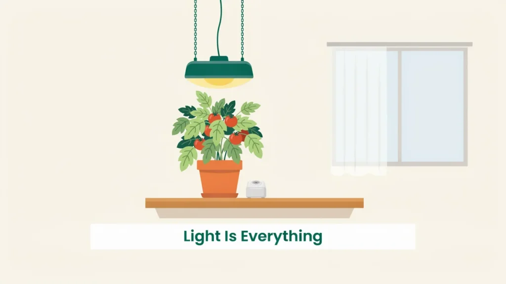 Indoor tomato plant under a hanging grow light with a timer on a shelf