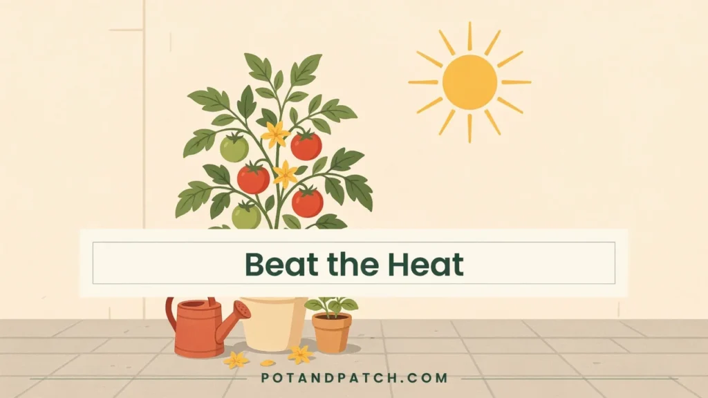 How to Grow Patio Tomatoes: Heat, Water & Varieties 3 Tomato plant beside a hot brick wall with dropped flowers at its base