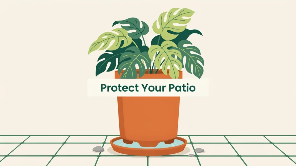 How to Grow Patio Tomatoes: Heat, Water & Varieties 5 Plant container raised on pot feet with a drip saucer draining on paving