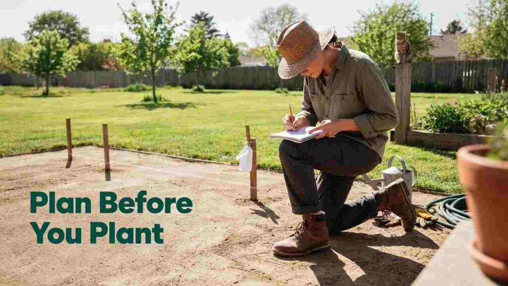 Raised Bed Garden Layout Ideas: 10 Plans + Tips 2 Gardener sketching a raised bed plan beside a sunny backyard plot