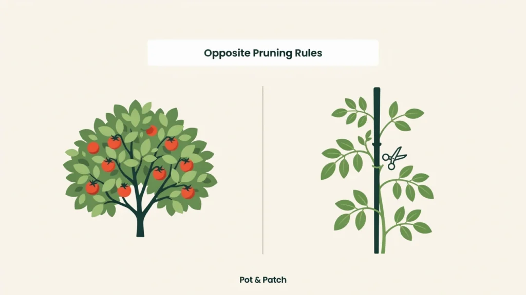 Determinate vs Indeterminate Tomatoes: What's the Difference? 6 Comparison of an unpruned bush tomato and a pruned vining tomato with suckers removed
