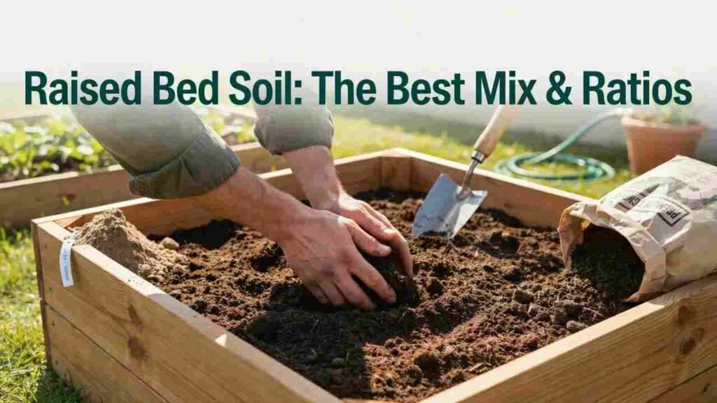 Best Soil for Raised Beds: The Perfect Mix Ratio 2 Hands filling a wooden raised bed with dark, rich soil mix