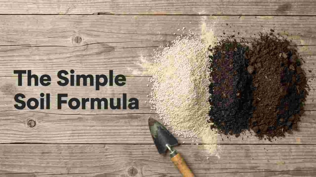 Topsoil, compost, and perlite in separate piles before mixing