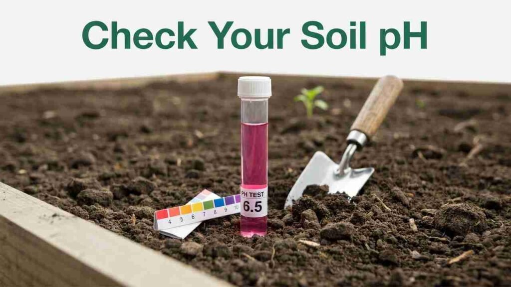 A soil pH test kit reading beside freshly filled raised bed soil
