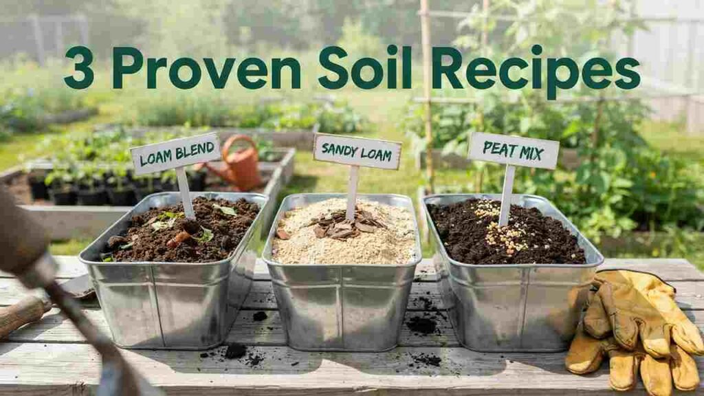 Three raised bed soil blends side by side in garden trugs