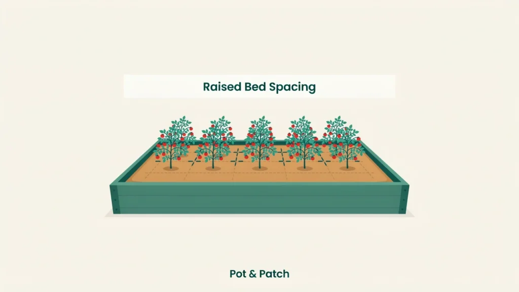 How Far Apart to Plant Tomatoes: Spacing Chart & Tips 5 Tomato plants spaced in a single row down the middle of a raised garden bed