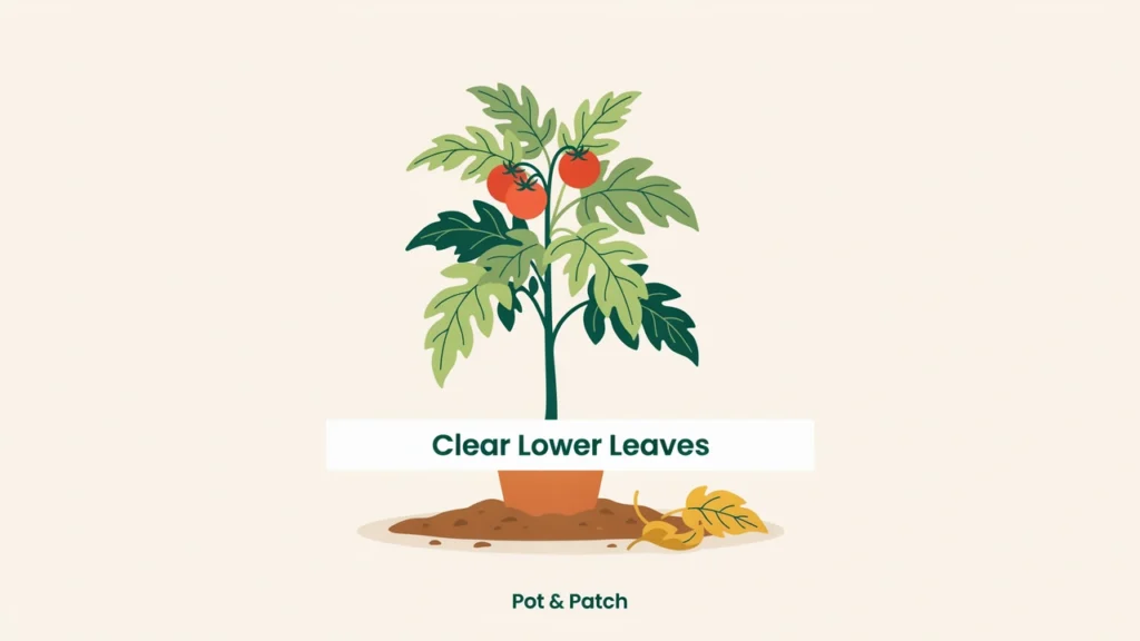How to Prune Tomato Plants (Suckers, Leaves & More) 5 https://potandpatch.com/wp-content/uploads/2026/09/removing-lower-tomato-leaves.webp