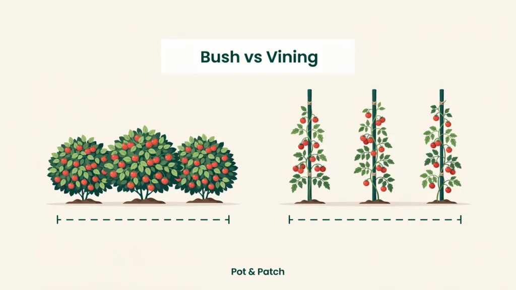 How Far Apart to Plant Tomatoes: Spacing Chart & Tips 3 Compact bush tomato spaced closer beside a tall vining tomato spaced wider apart
