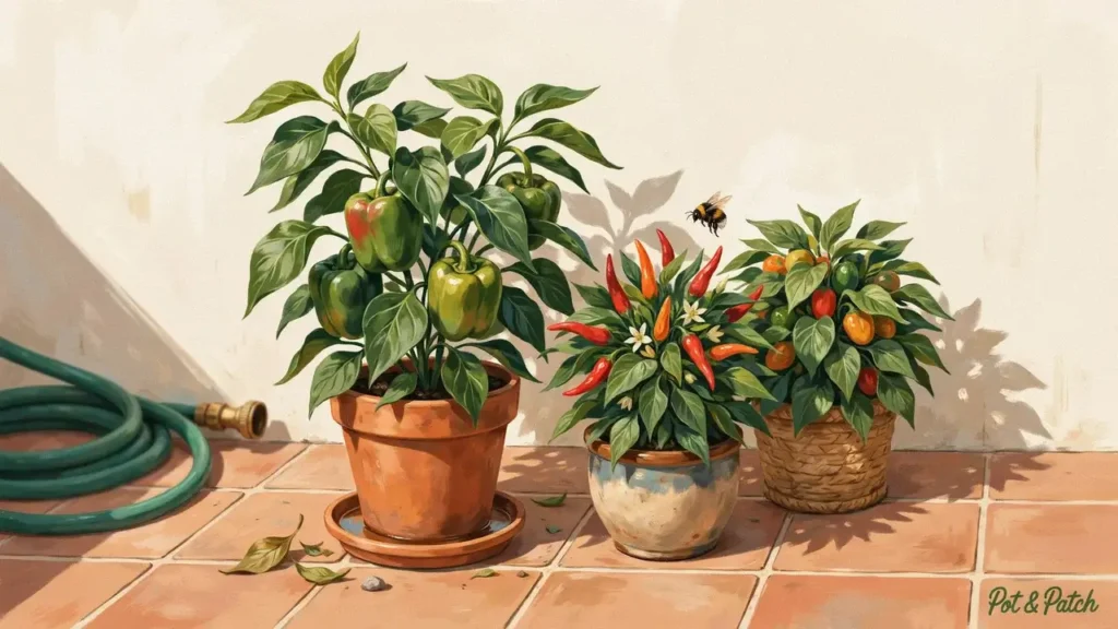 Growing Peppers in Containers: Complete Beginner Guide 5 Container pepper plants receiving direct sunlight on a bright outdoor patio