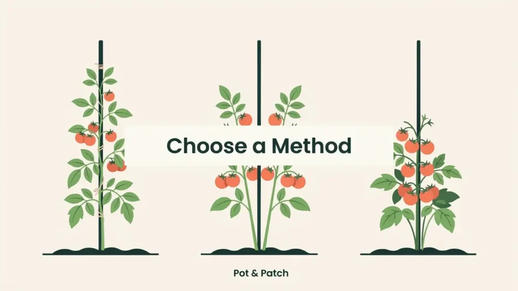 How to Prune Tomato Plants (Suckers, Leaves & More) 4 Three tomato plants showing single-stem, two-stem, and Missouri pruning methods