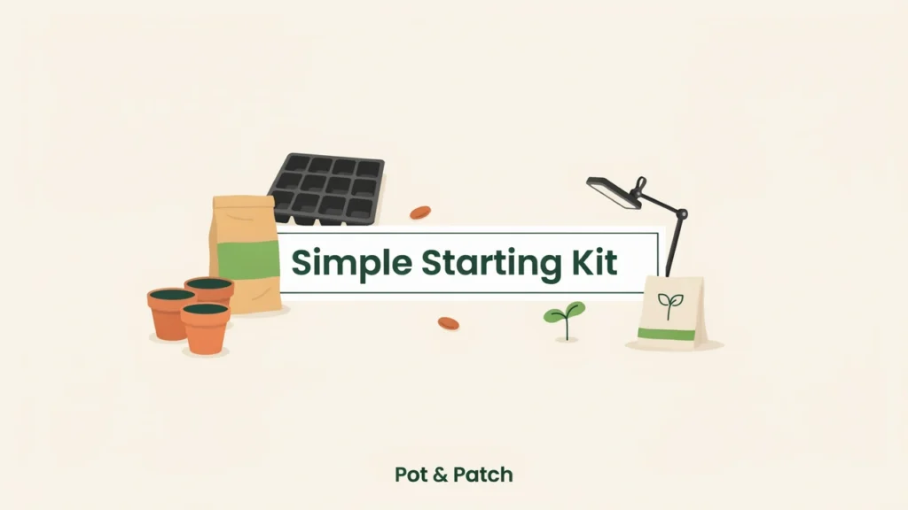How to Grow Tomatoes from Seeds (Timing & Care Tips) 3 Seed tray, bag of seed-starting mix, small pots and a light for starting tomato seeds