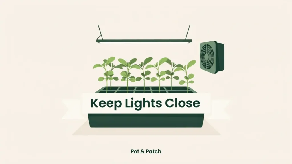 How to Grow Tomatoes from Seeds (Timing & Care Tips) 6 Healthy tomato seedlings under a grow light held close to prevent legginess