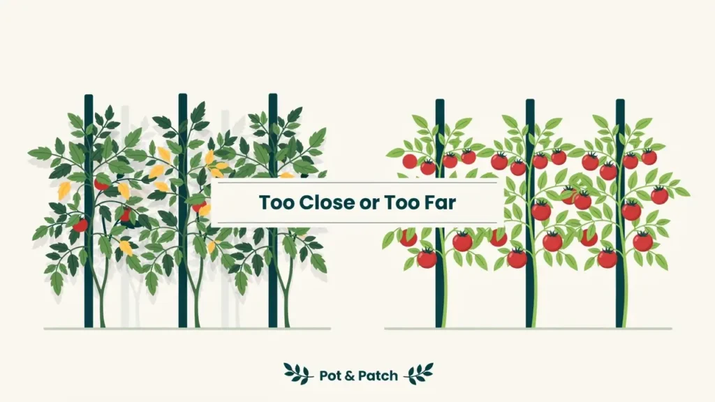 How Far Apart to Plant Tomatoes: Spacing Chart & Tips 7 Overcrowded tomato plants beside well-spaced healthy ones showing the difference