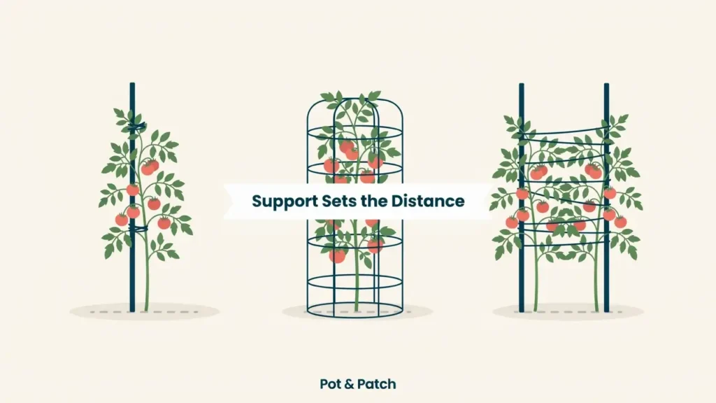 How Far Apart to Plant Tomatoes: Spacing Chart & Tips 4 Tomato plants on a stake, a cage, and a Florida weave showing different spacing