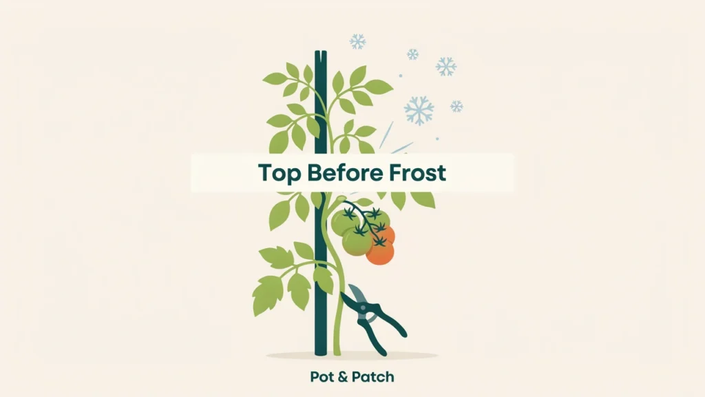 How to Prune Tomato Plants (Suckers, Leaves & More) 6 Growing tip of a tall indeterminate tomato plant cut off to ripen remaining fruit