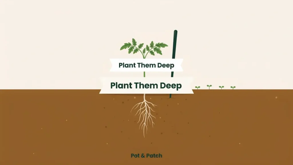 How to Grow Tomatoes from Seeds (Timing & Care Tips) 8 Tomato seedling planted deep to its first true leaves in warm garden soil
