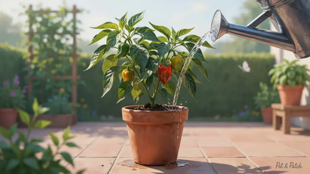 Growing Peppers in Containers: Complete Beginner Guide 6 Pepper plant in a container being watered deeply at the soil level