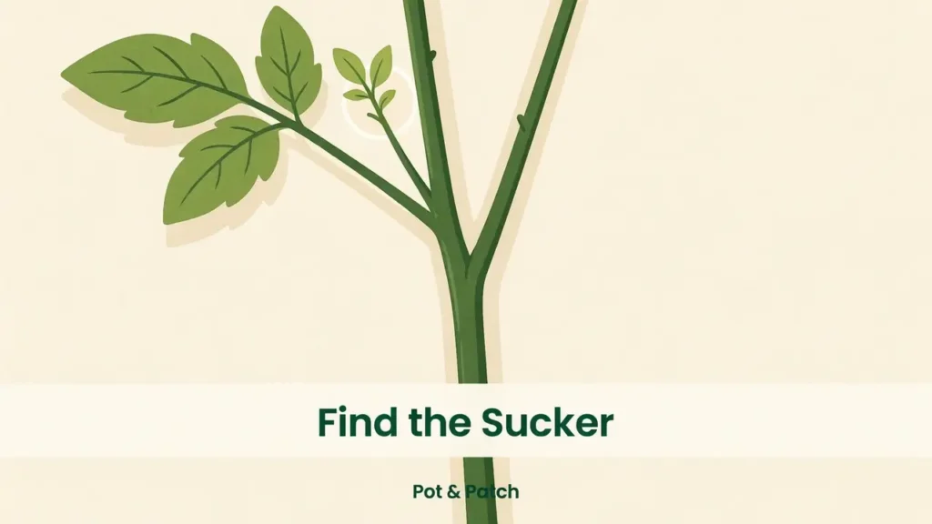 How to Prune Tomato Plants (Suckers, Leaves & More) 2 Diagram of a tomato sucker growing in the joint between the main stem and a leaf branch