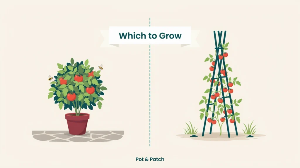Determinate vs Indeterminate Tomatoes: What's the Difference? 7 Compact potted tomato and tall garden tomato showing container versus open-space choice