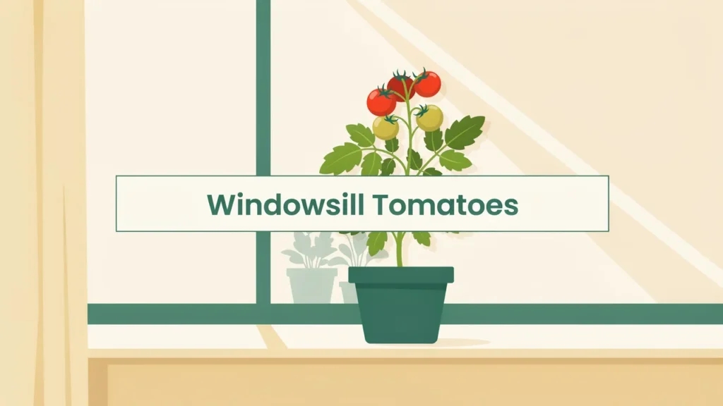 Micro-dwarf tomato plant fruiting in a pot on a bright sunny windowsill
