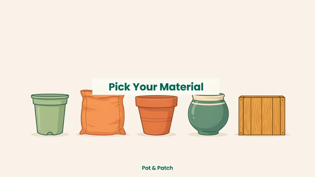Plastic, fabric grow bag, terracotta, ceramic and wooden pots shown side by side