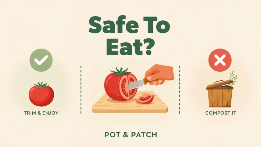 Hand trimming the cracked part from a split tomato, showing when it is safe to eat