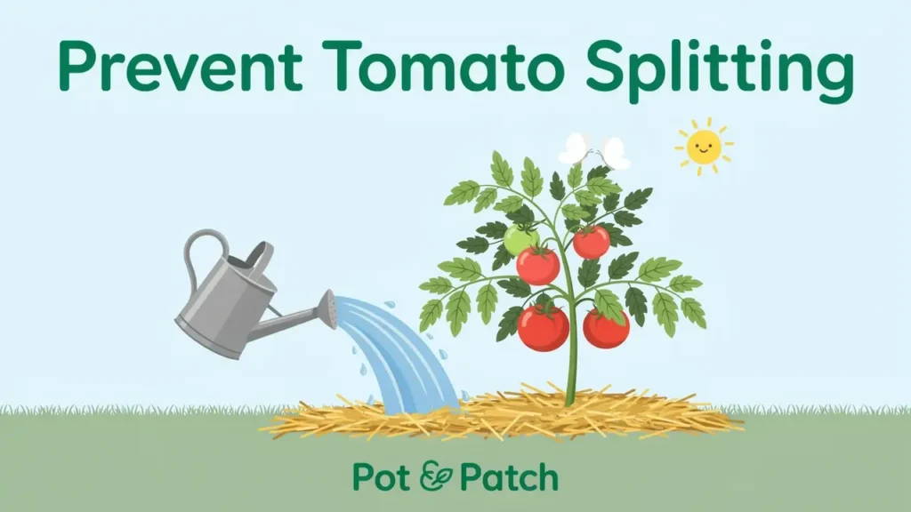 Cartoon tomato plant with mulch and even watering to prevent splitting