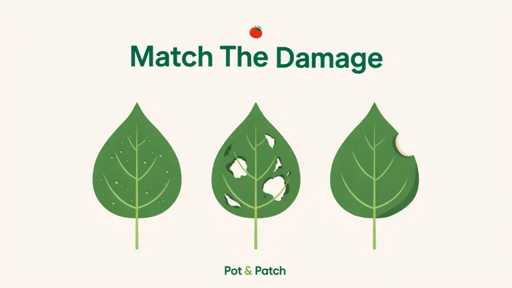 Diagnosis: Several tomato leaves showing tiny pinholes, ragged holes, and stripped edges side by side