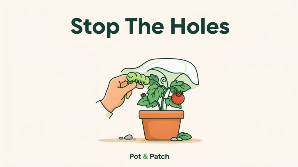 Control: Gardener handpicking pests and covering young tomato plants with row cover
