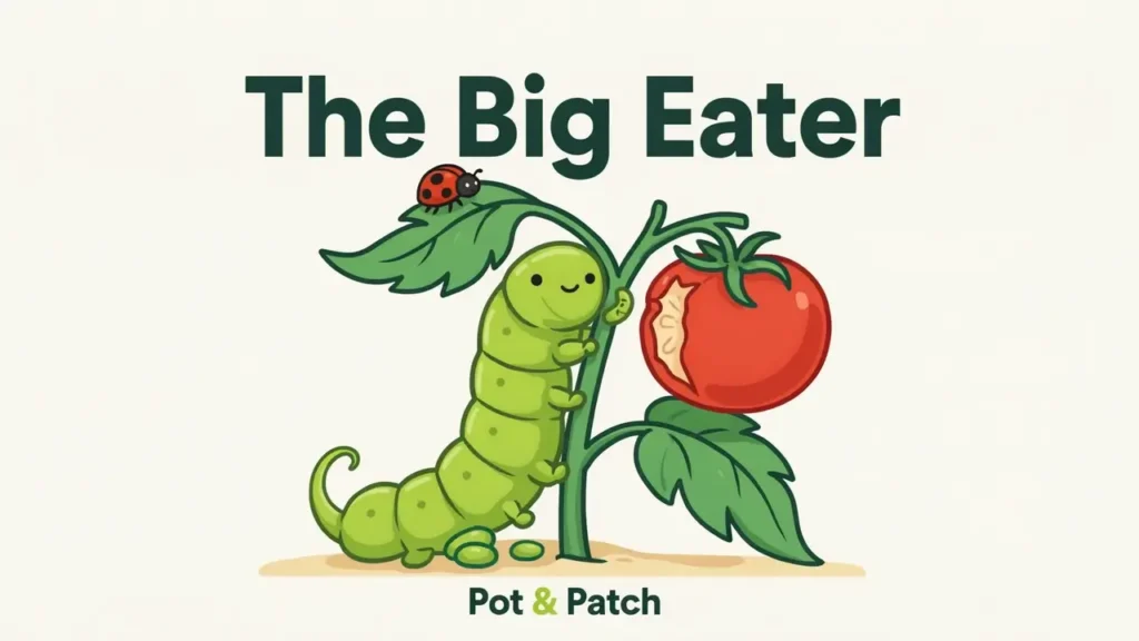 Hornworm: Large green tomato hornworm on a chewed tomato stem