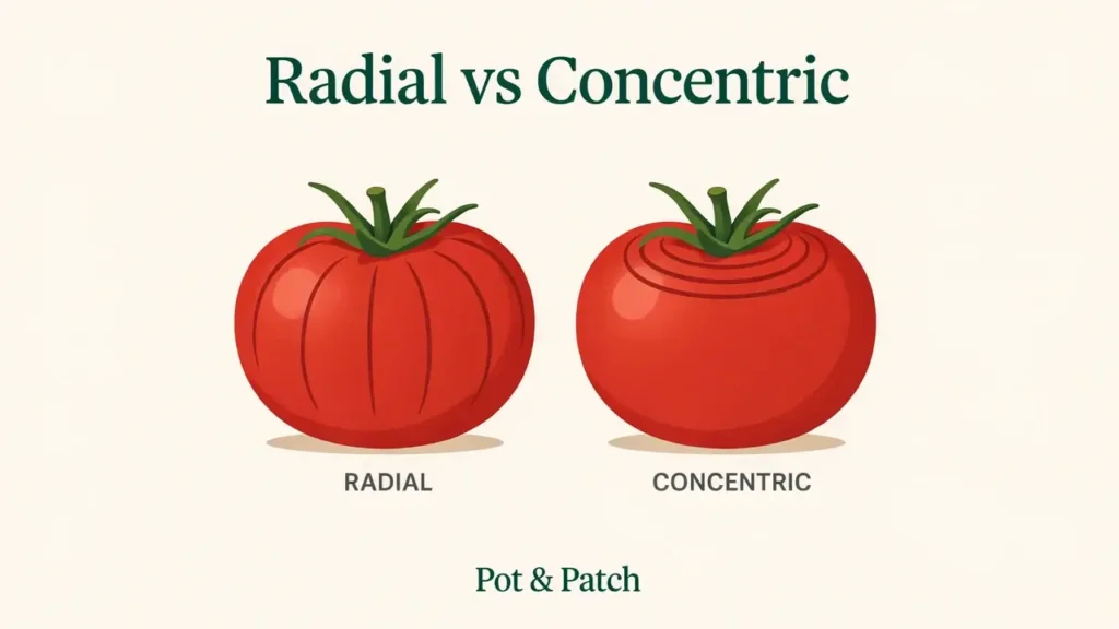 Two tomatoes compared, one with radial cracks and one with concentric ring cracks