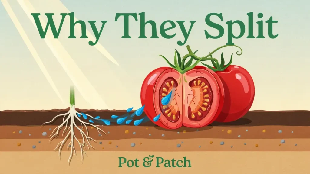 Illustration of water rushing into a tomato and the skin stretching until it splits