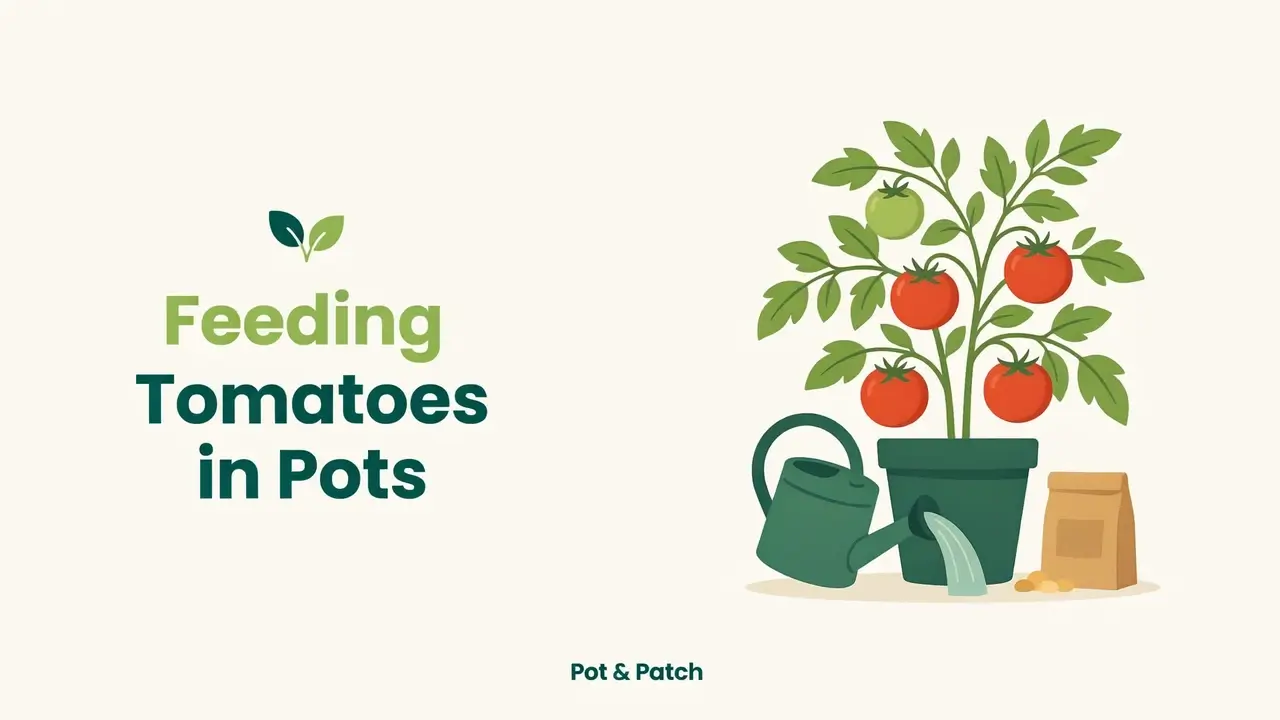 Potted tomato plant being fed with liquid and granular fertilizer