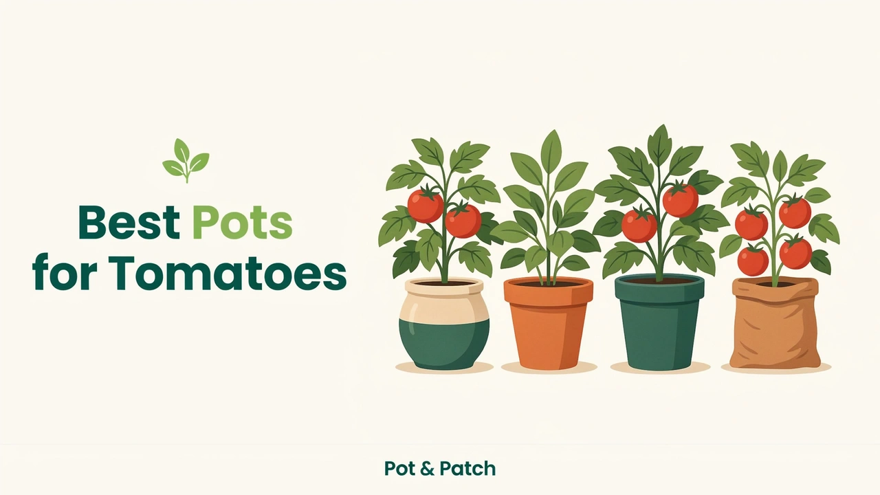 Row of tomato plants growing in different pot types including grow bag, plastic and clay